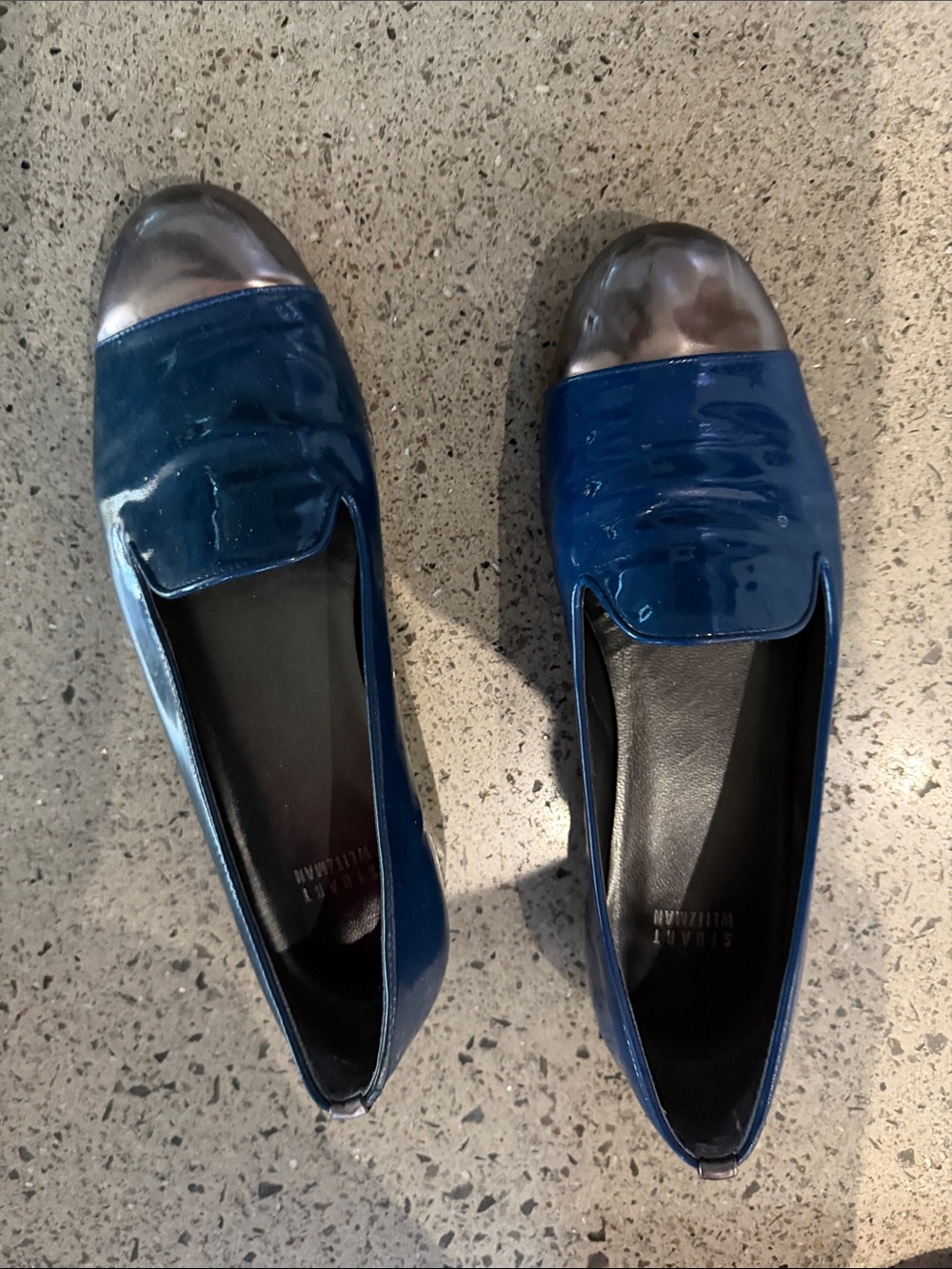 Stuart Weitzman Navy Patent Leather Loafers with Silver Cap Toe